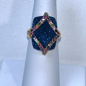 NWOT Blue Druzy Multi Precious Gemstone Overlay Bridge 14k Over Sterling Ring